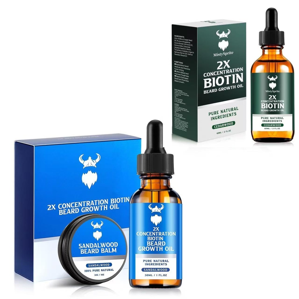 Sandalwood Beard Growth Kit with 2X Biotin for Men and Cedarwood Beard Growth Oil，Natural Ingredients & Thickens Facial Hair Growth