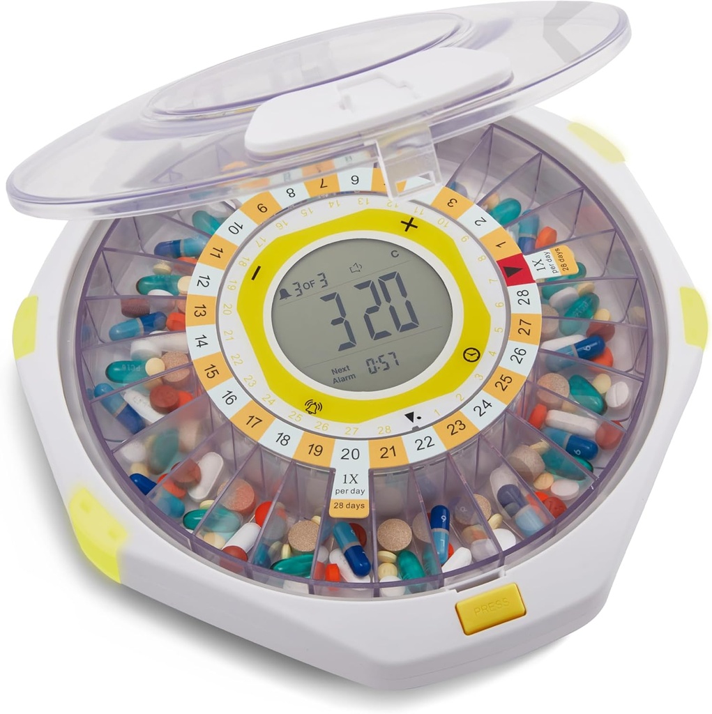 LiveFine Bluetooth Otomatik Pill yapıştırıcısı, 28 günlük Kapasite, Sound & Light Alerts, Key Lock, LCD & Easy Build on The LiveFine App for Prescriptions, Drugs, Vitamins & Supplements - Clear Lid