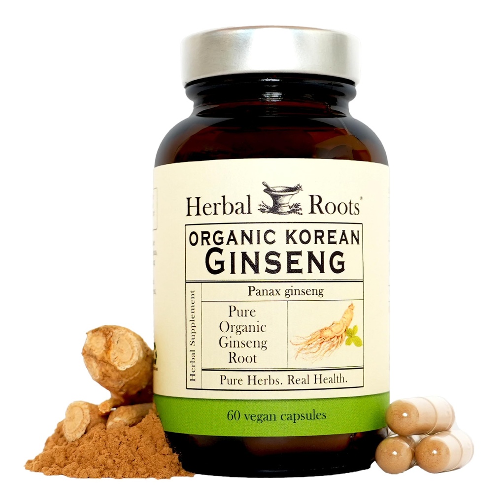 Herbal Roots Panax Ginseng | Organik Kore Deri Toz | 1000 mg | Enerji ve Performans için Yüksek Ginsenositler | 60 Vegan Capsules