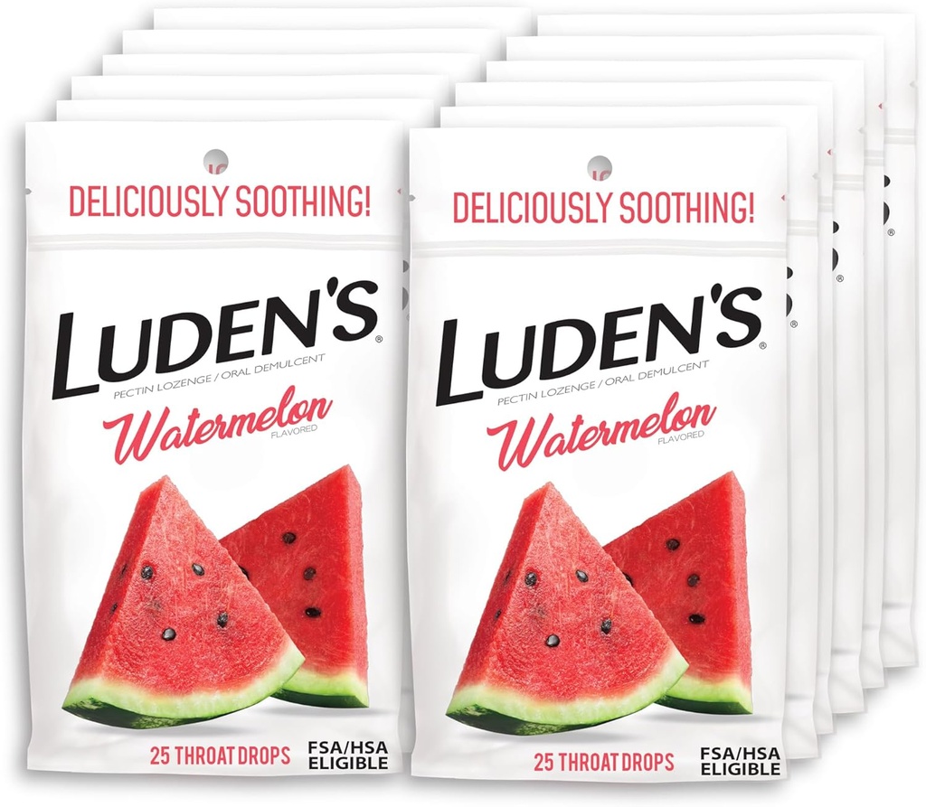 Ludens Watermelon Throat Drops, Sore Throat Relief, 25 Count (Brook of 12)