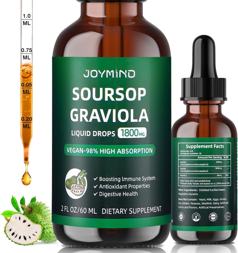 Graviola Soursop Broşürü Sıvı - Soursop Bitters Sıvı, Immune Boost, Relax, Liver ve Sleep, Vegan, Sugar & Gluten Free, 98 Abxia Rate, Natural Flavor, 2 Ay Supply 60ML