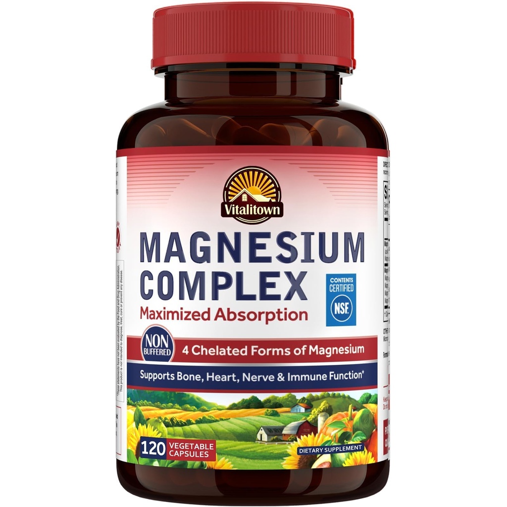 Vitalitown Kompleksi 500 mg - NSF sertifikalı Magnezyum Glycinate, Malate, Taurate & Citrate - Chelated High Abpole & Gentle on Stomach - Vegan Non-GMO 120 Capsules