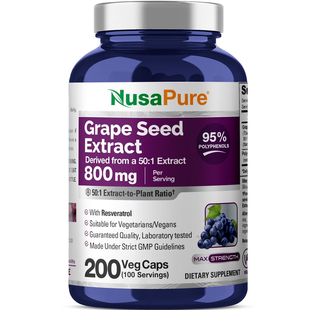 NusaPure Grape Tohumlamaları Caps, 200 Vegan Capsules, Standardized, Non-GMO, Gluten Free, Resveratrol