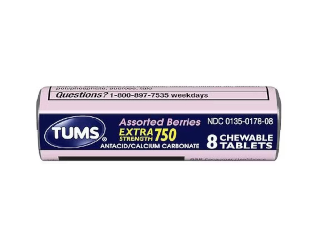 Tums Extra Strength 750 Antacid with Calcium Supplement Calcium Rich Assorted Berries Flavored - 24 Pocket Size Rolls of 8 Chewable Tablets Each Roll (192 Chewable Tablets Total)