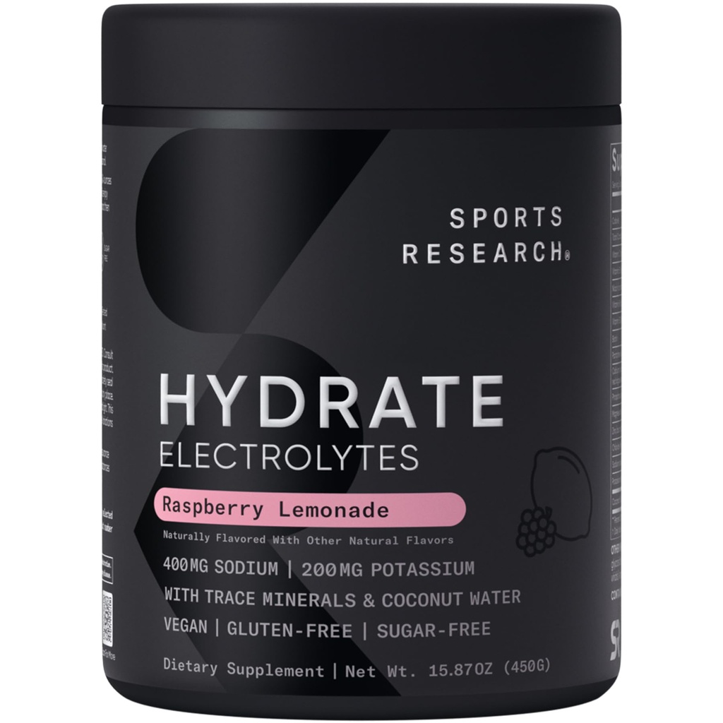 Sports Research® Hydrate Electrolytes Toz - Sugar-Free & Natural Flavored with Vitamins, Minerals, and Coconut Water - Destekler Hydration - Raspberry Lemonade - 90 Hizmetler
