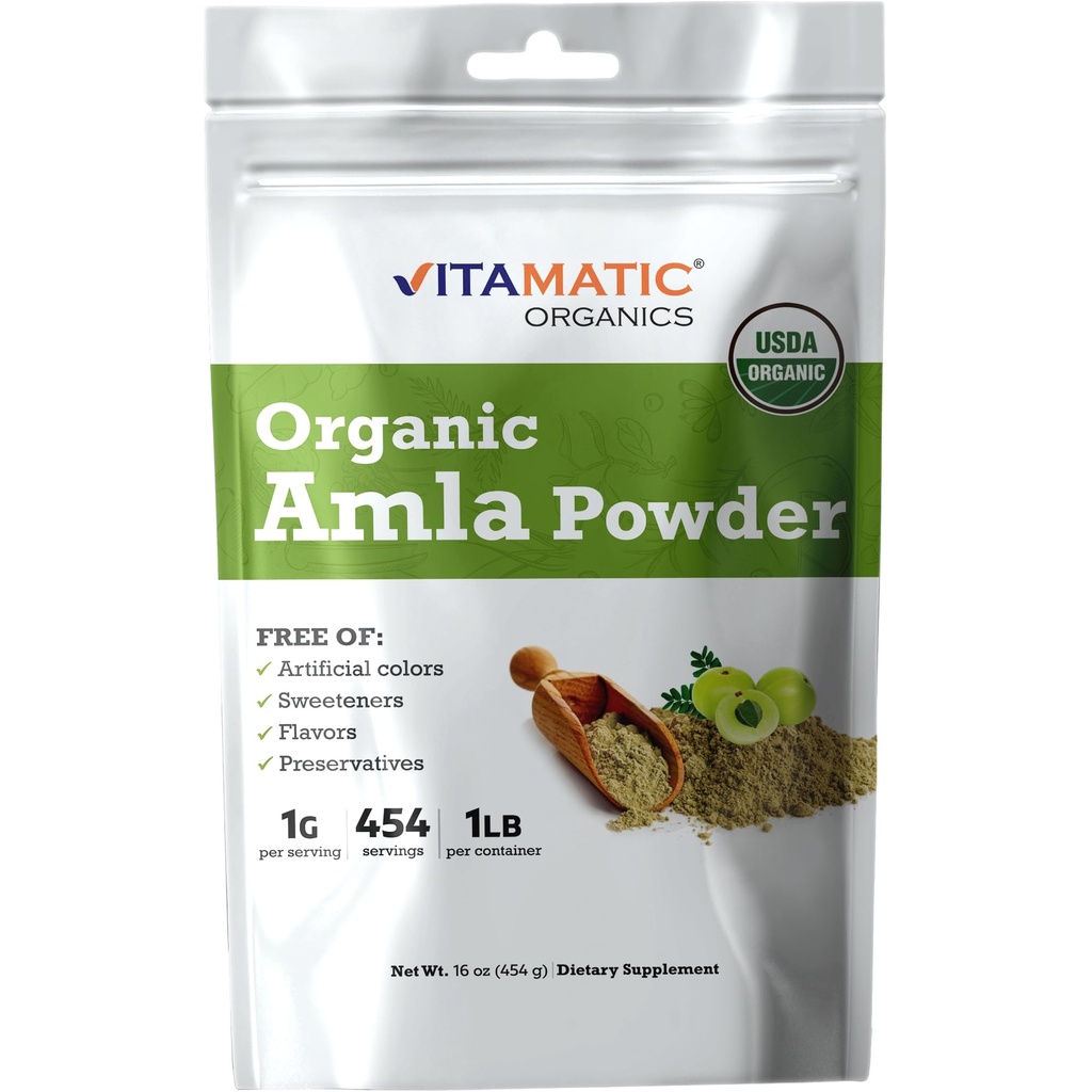 Vitamatic Sertifikalı USDA Organik Amla Berry Toz - 1 lb (16 oz) Amalaki | Doğal Vitamin C & Antioksis | Destekler Immune Health | Gluten-Free, Non-GMO, Kosher