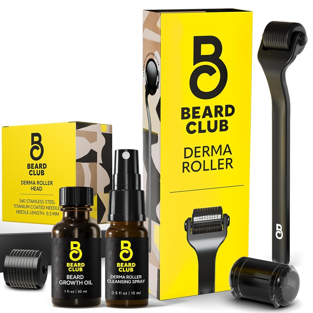 Ayıd Club Derma Roller, Ayıd growth Oil, Clensing Spray & Change Head - Microneedling Roller with 540 Titanyum Microneedles for Face, Body and Scalp - Beard Roller with Sandalwood Beard Oil