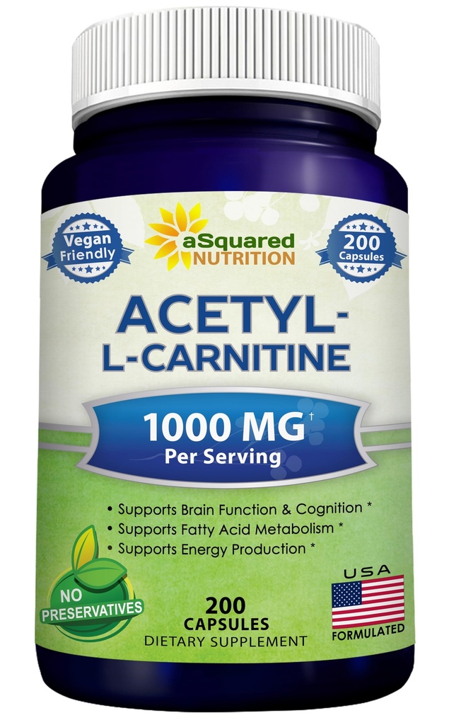 ASquared Beslenme Acetyl L-Carnitine 1000 mg Max Strength - 200 Veggie Capsules - Yüksek Dosage Acetyl L Carnitine HCL (ALCAR) Tamam Pills Saf Enerjiyi Desteklemek için, Beyin Fonksiyonu & Fatty Asit