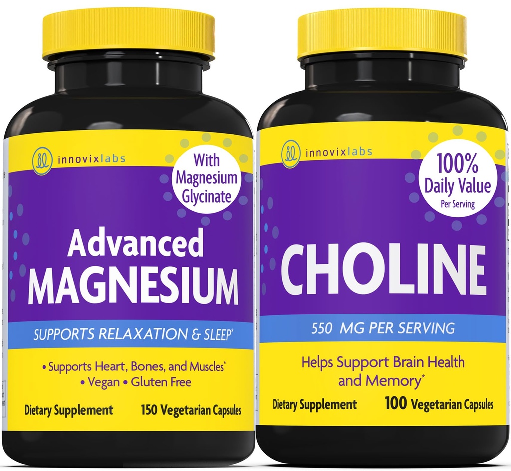 InnovixLabs Choline & Clooney Choline Bitartrate 550 mg (100 Capsules) Gelişmiş Magnezyum (150 Capsules). Helps Memory, Mood, Brain Health & Boost Cognitive.*