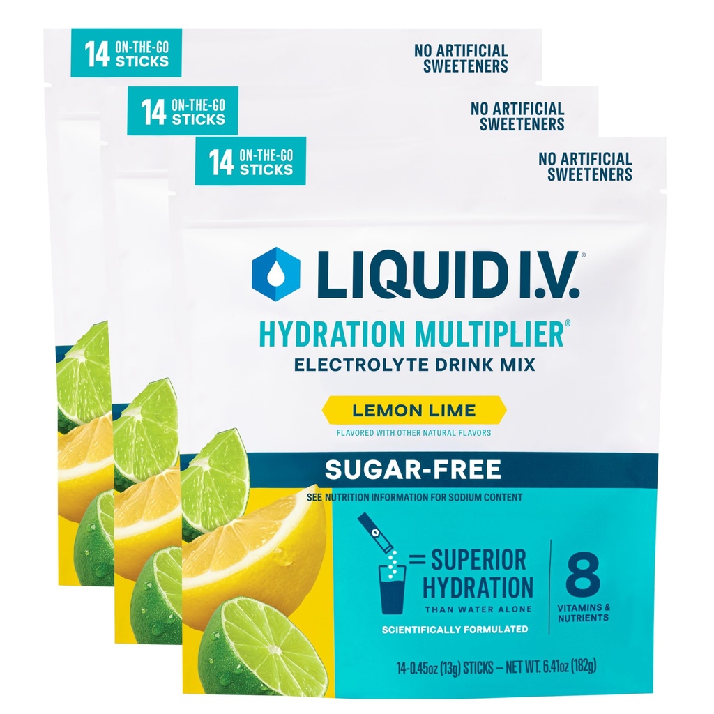 Sıvı I.V.® Hydration Multiplier® Sugar-Free - Lemon Lime - Hydration Toz Packets | Electrolyte Toz I.V.® Hydration Multiplier® Sugar-Free - Lemon Lime - Hydration Toz Paketi | Single-Serving Sticks | Non-GMO | 14 Hizmet (Pazar 3)