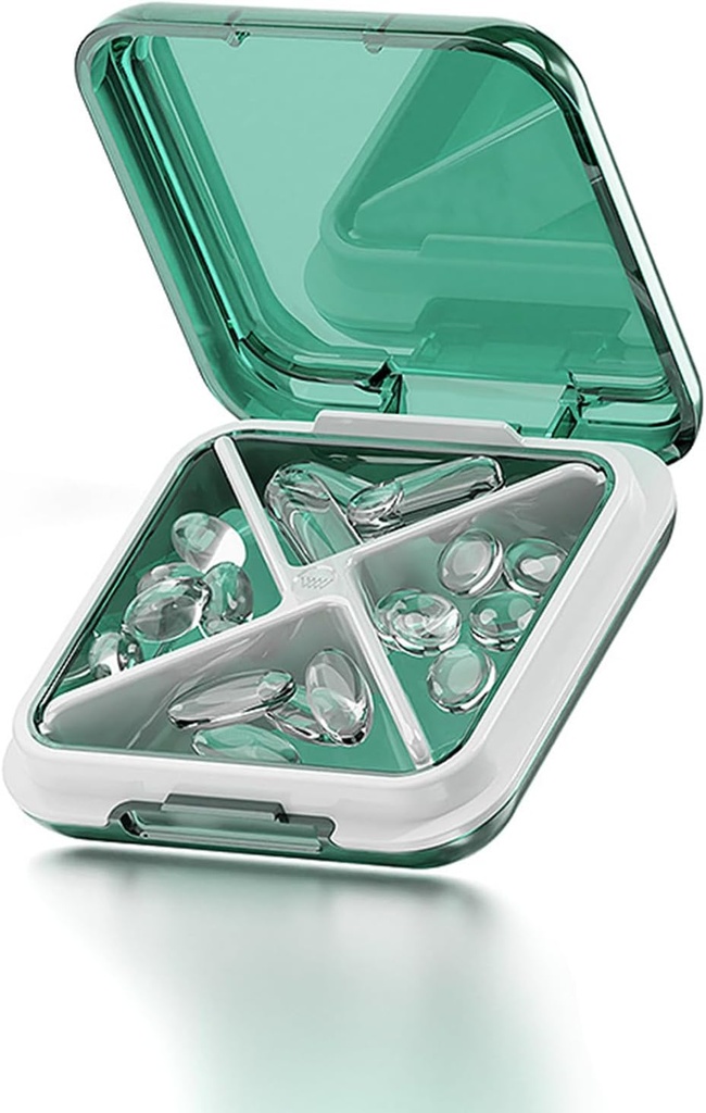 Küçük Pill Box Sualtı Seyahat Pill Case Portable Daily Pill Konteyner Pill Holder for Purse 4 Karşılaştırmalı Pocket Compact Medicine Organizer for Fish Oils,Supplements,Medication (Green)