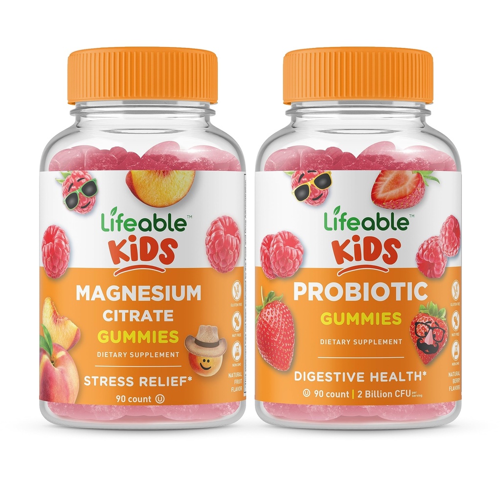 Lifeable Magnezyum Citrate Kids + Probiyotik 2 Milyar CFU Kids, Gummies Sche - Great Tasting, Vitamin Supplement, Gluten Free, GMO Free, Chewable Gummy