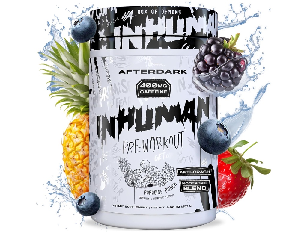 AFTERDARK INHUMAN Pre-Workout Toz, Geliştirilen Mind-Muscle Connection, Sustained Energy, Potent Nootropic Mix, Vegan, Gluten-Free, Soy-Free, 400 mg Caffeine, No Crash, Paradise