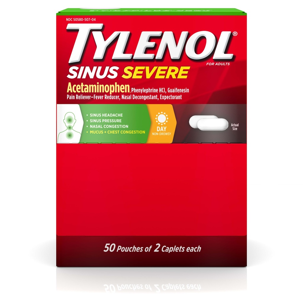 Tylenol Sinus Severe Daytime Caplets with Acetaminophen 325 mg, Guaifenesin 200 mg & Phenyleph HCl 5 mg, Non-Drowsy Pain Reliever, Waitorant & Nasal Decongestant, 50 Seyahat Paketi