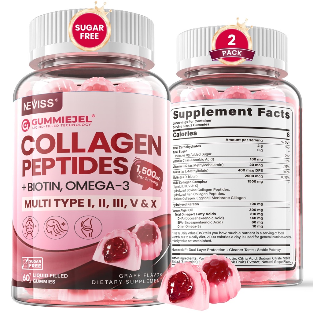 Collagen Peptides Pectin Gummies for Women Men w/Omega 3 and 1500mg Multi Collagen Type I II III V & X, Biotin Keratin for Hair Growth, Hydrolyzed Collagen Gummy Hair Skin and Nails Vitamins, 120ct