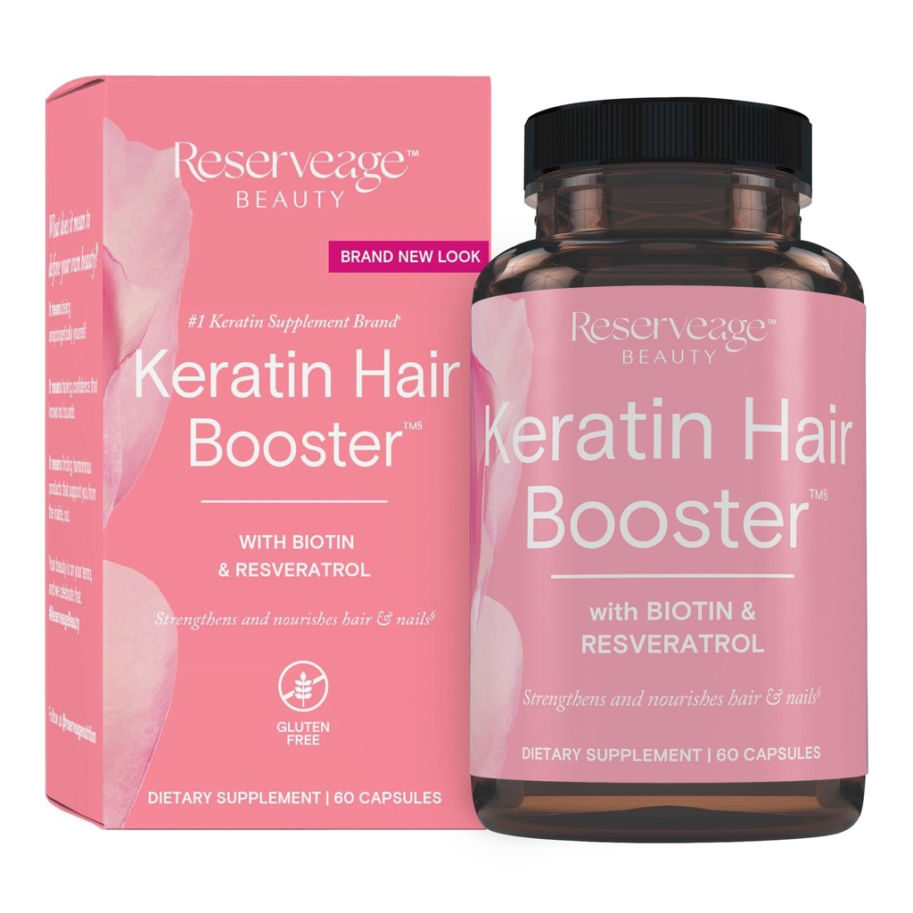 Reserveage Beauty Keratin Hair Booster with Biotin & Resveratrol - Hair & Nail Growth Supplement for Women - Supports Healthy Thickness & Shine with Biotin - 60 Capsules (30 Servings)