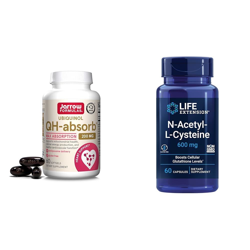 Jarrow Formulas QH-Absorb 200 mg - Yüksek Abhidrasyon Co-Q10 - Aktif Antioksit Form of Co-Q10 & Life Extension N-Acetyl-L-Cysteine (NAC), Immune, Respiratory, Liver Health, NAC 600 mg