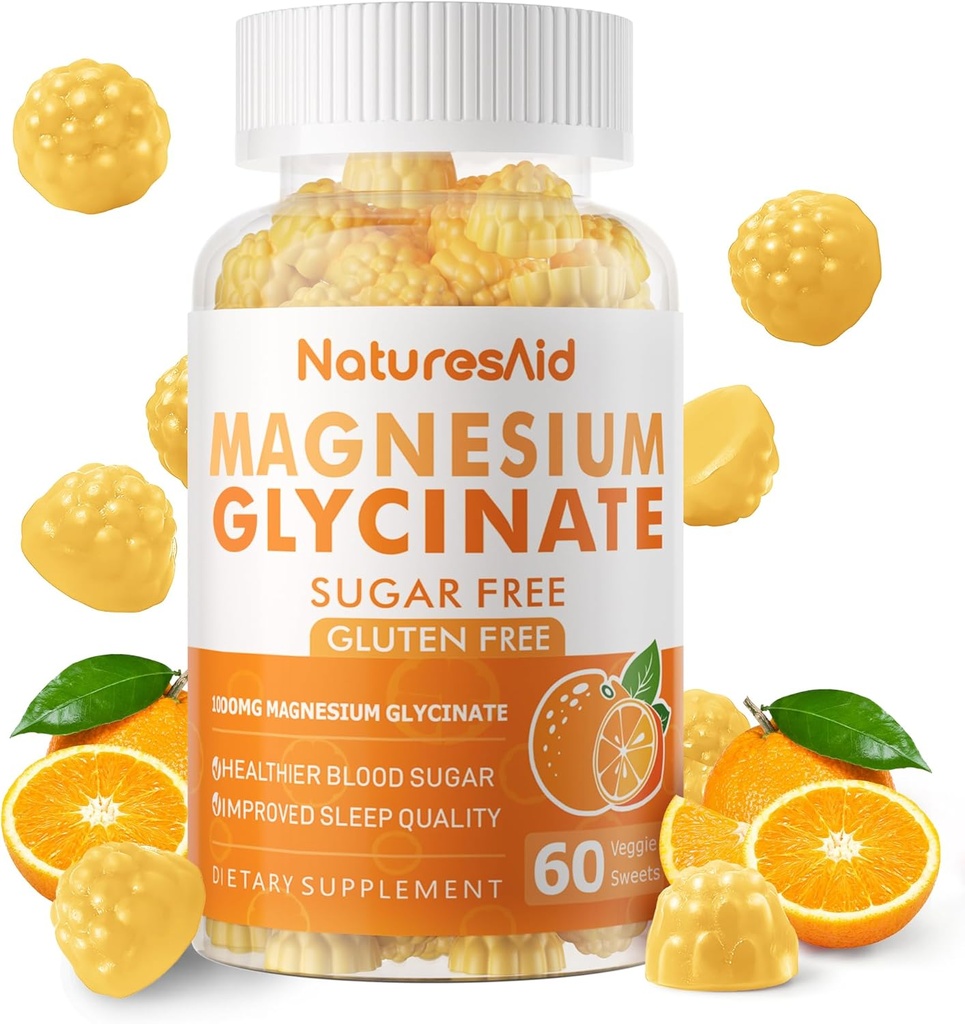 Magnezyum Glycinate Gummies 1000 mg - Sugar Free Magnezyum Pids Supplement with Vitamin D, B6, CoQ10 for Calm Mood & Sleep Support - 60 Orange Gummies -1 Pack