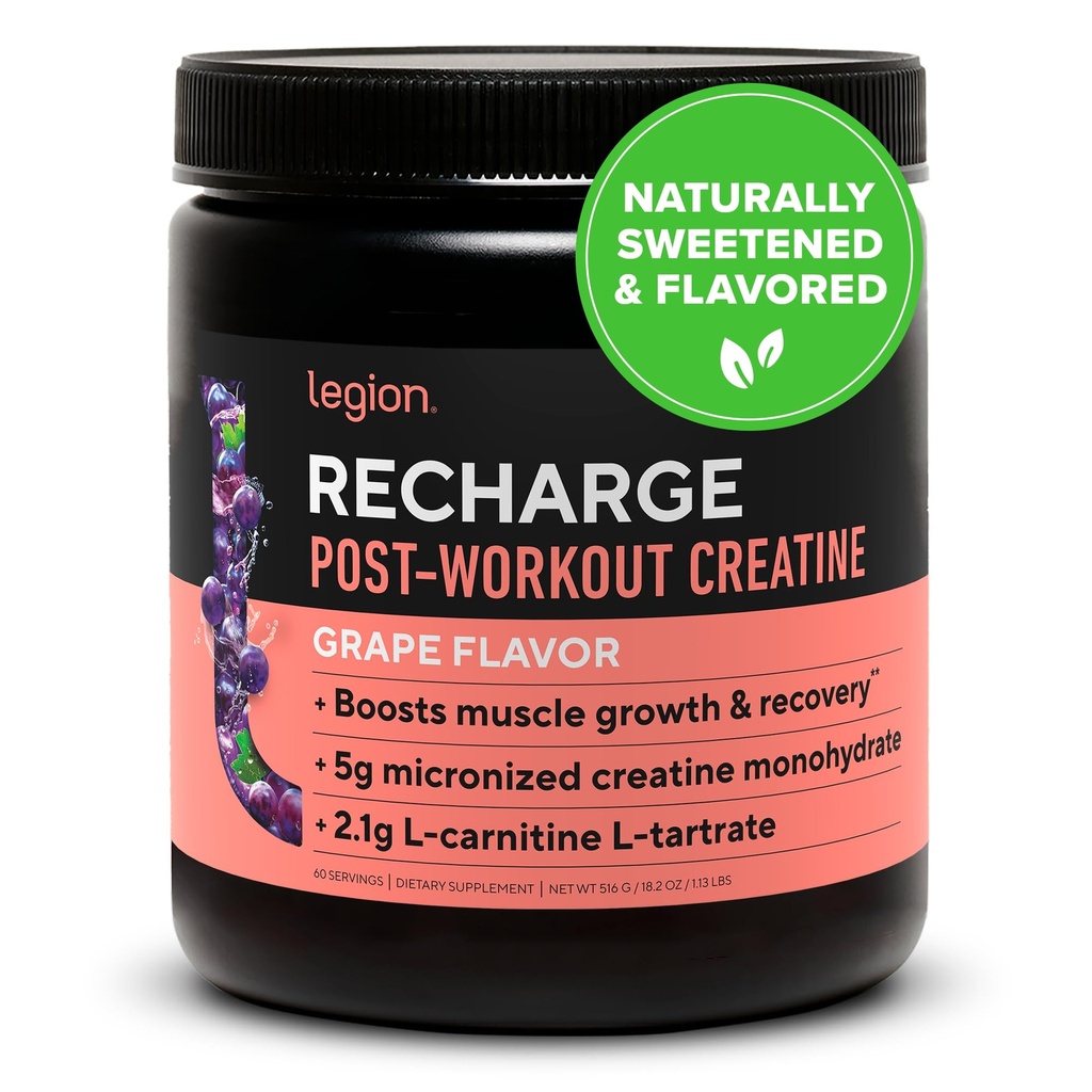 LEGION Recharge Post Workout Supplement - All Natural Muscle Builder & Recovery Drink with Micronized Tinatine Monohidrat. Doğal olarak Tatlılaşmış ve Flavored, Güvenli ve Sağlıklı. (Grape, 60 Hizmet)