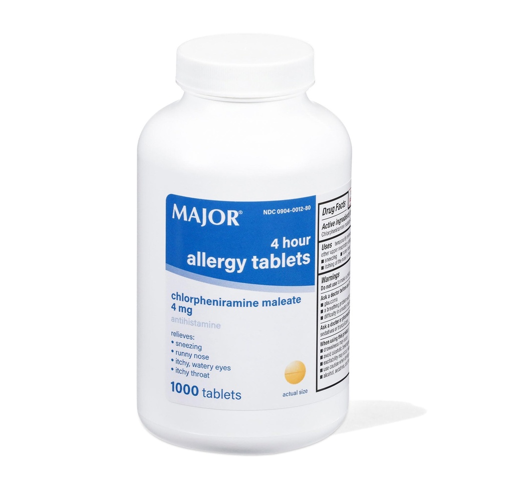 MAJOR 4 Saat Antivirüs Tabletleri - Chlorpheniramine Maleate - 4 mg - Antihistamin - 1000 Count