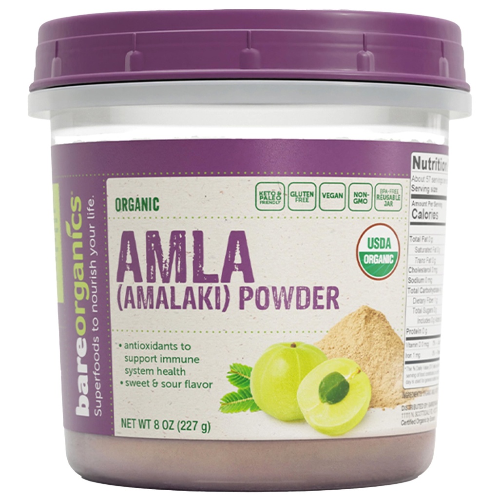 BareOrganics Amla Powder - Organic Indian Gooseberry Superfood Powder, Finely Ground Amla for Smoothies, Teas & Recipes, Non-GMO, Vegan, 8 Oz