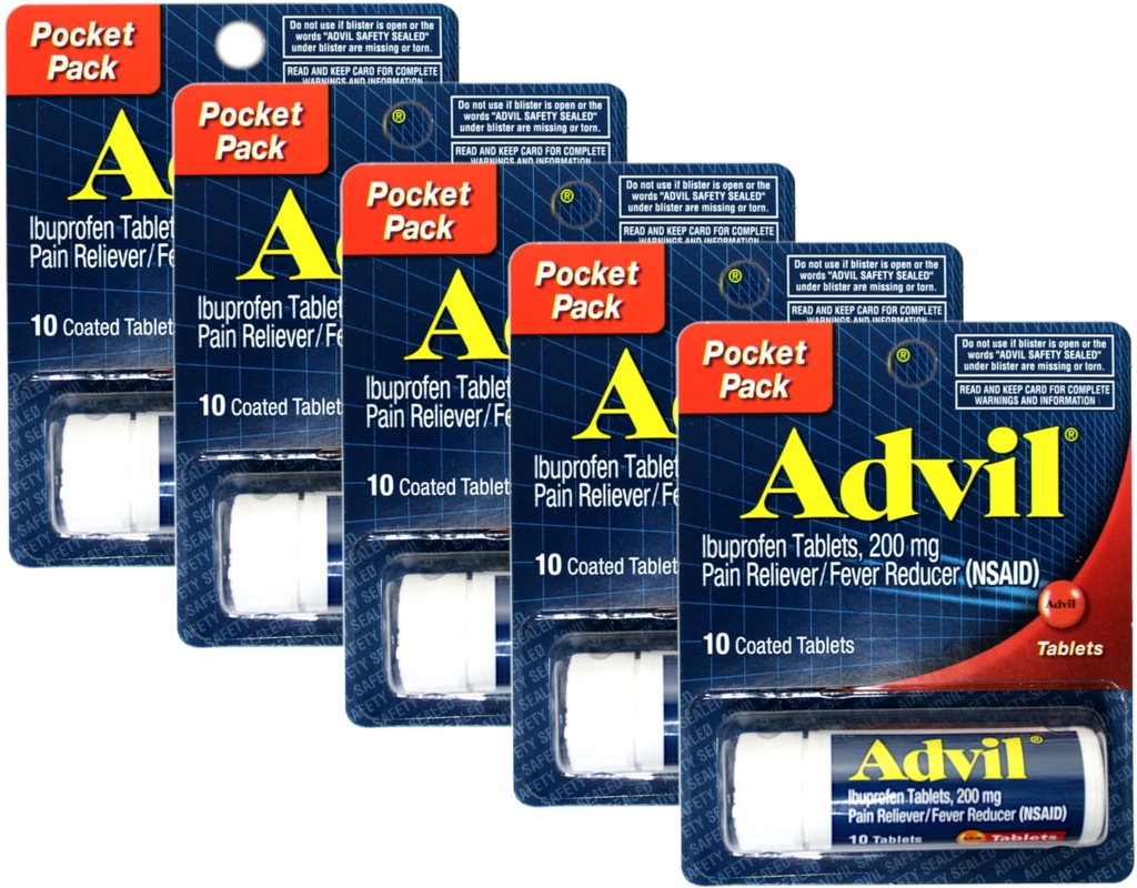 HALEON Advil Ibuprofen 200mg (NSAID) Pocket Pack, 10 Coated Tablets (Pack of 5)