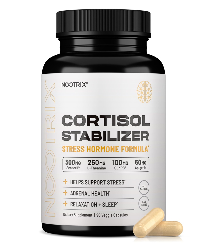 Nootrix Cortisol Manager & Stabilizer Supplement | Supports Deep Sleep, Relaxation, Adrenal Health & Stress | 300 mg Ashwagandha | L-Theanine, Rhodiola Rosea Ekstraksiyon & Apigenin | 90 Capsules