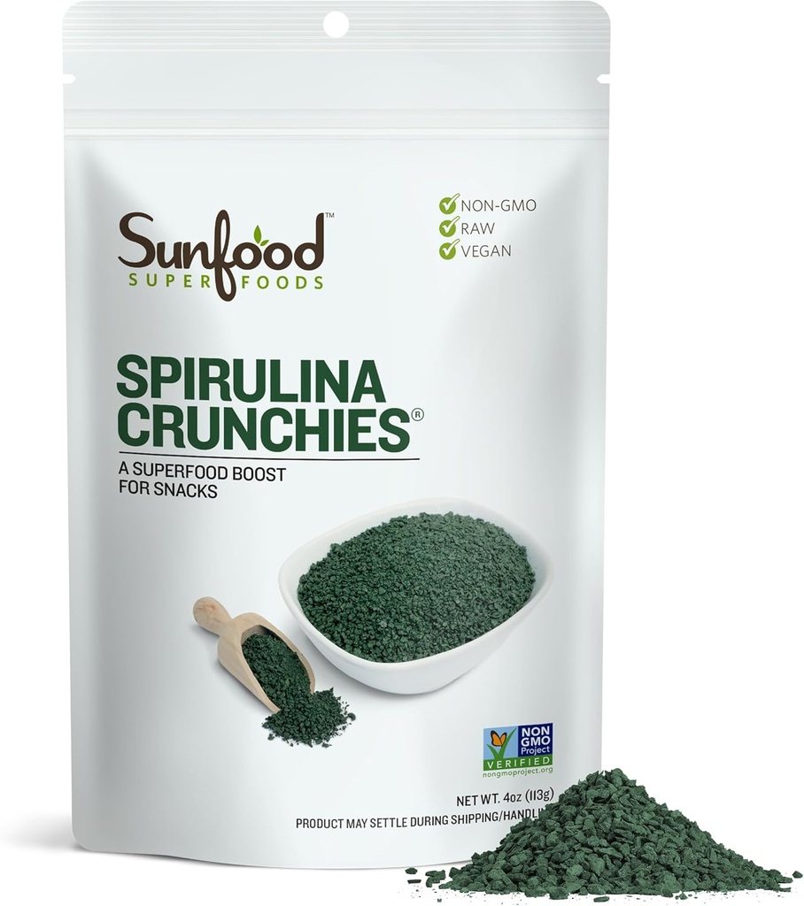 Sunfood Superfoods Spirulina Crunchies - Blue Green Algae, Spirulina Tabletleri, Chlorophyll Energy Bits from sha Toz, Raw Vegan Algae Supplement, Non-GMO - 4 oz Bag