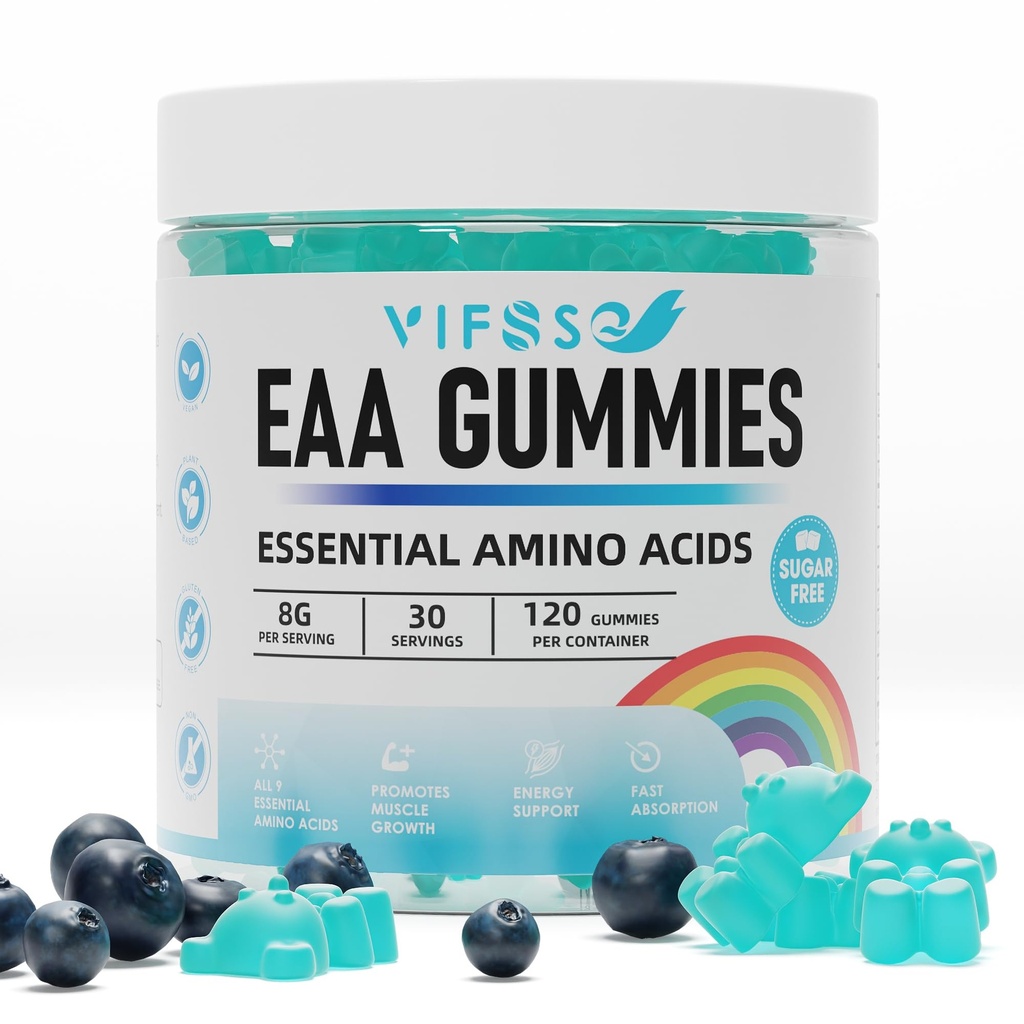 EAA Gummies 120 Gummies (Mavi Raspberry), Essential Amino Asitler - Tüm 9 Temel Aminoler (EAA) ve All Branched-Chain Reeses (BCAAs), Non-GMO, Gluten Free, Vegetarian Friendly, Gluten Free, Vegetarian Friendly