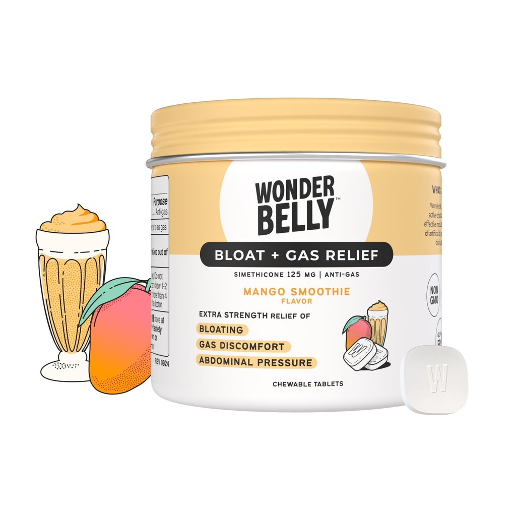 Wonderbelly Bloat Gas Relief Extra Strength Chewable Tabletleri 125 mg Simethicone No Talc veya Dye Mango Smoothie 35 Kont