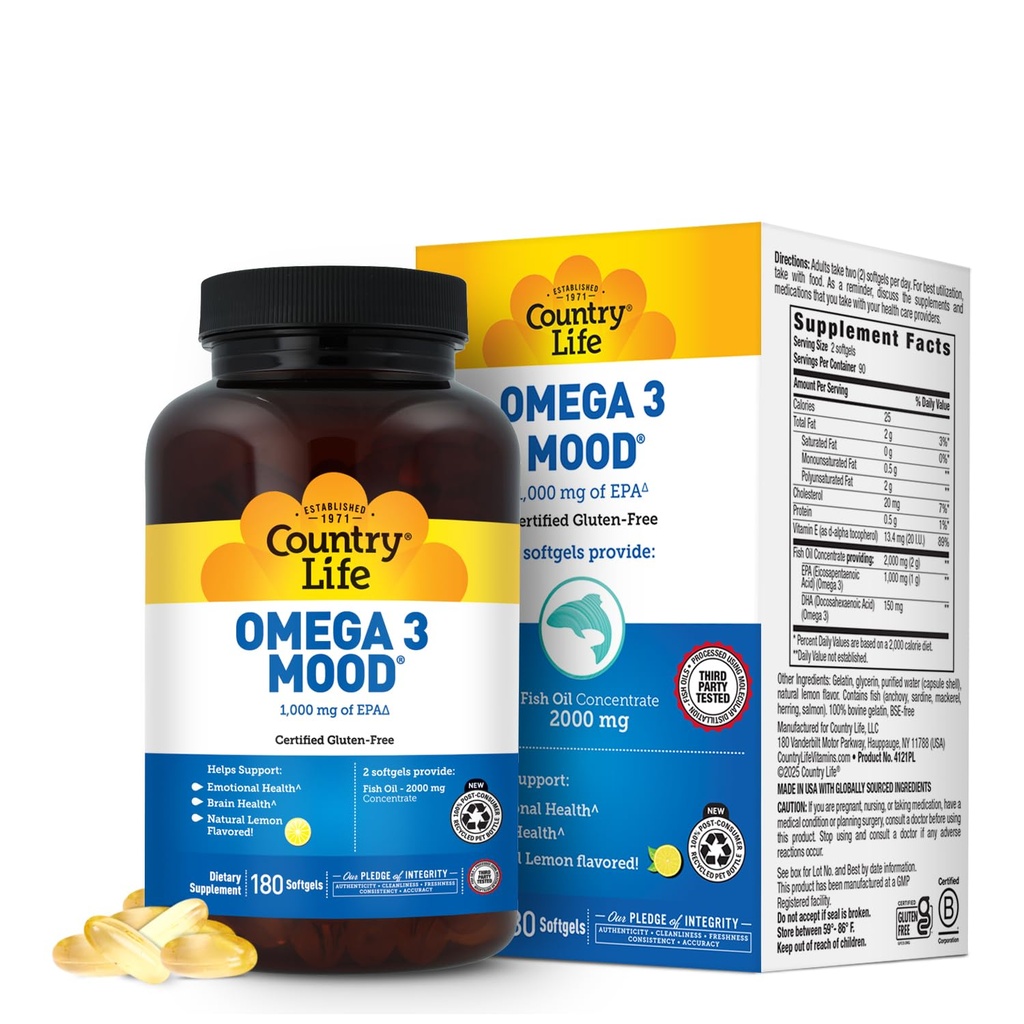 Country Life Omega 3 Fish Oil Supplement - High Concentration EPA and DHA Omega 3 Fatty Acids - 2000mg Fish Oil for Emotional Health, Mood Support, and No Fish Taste - Natural Lemon Flavor
