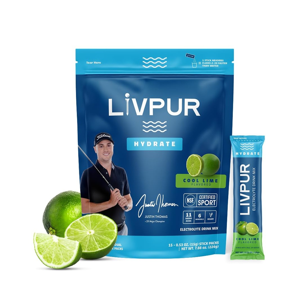 LivPur Electrolyte Drink Mix, Instant Hydration Toz C, B6, B12 & Essential Platinum Health, Sports Essentials, Cool Lime Flavor, 15 Stick Packs