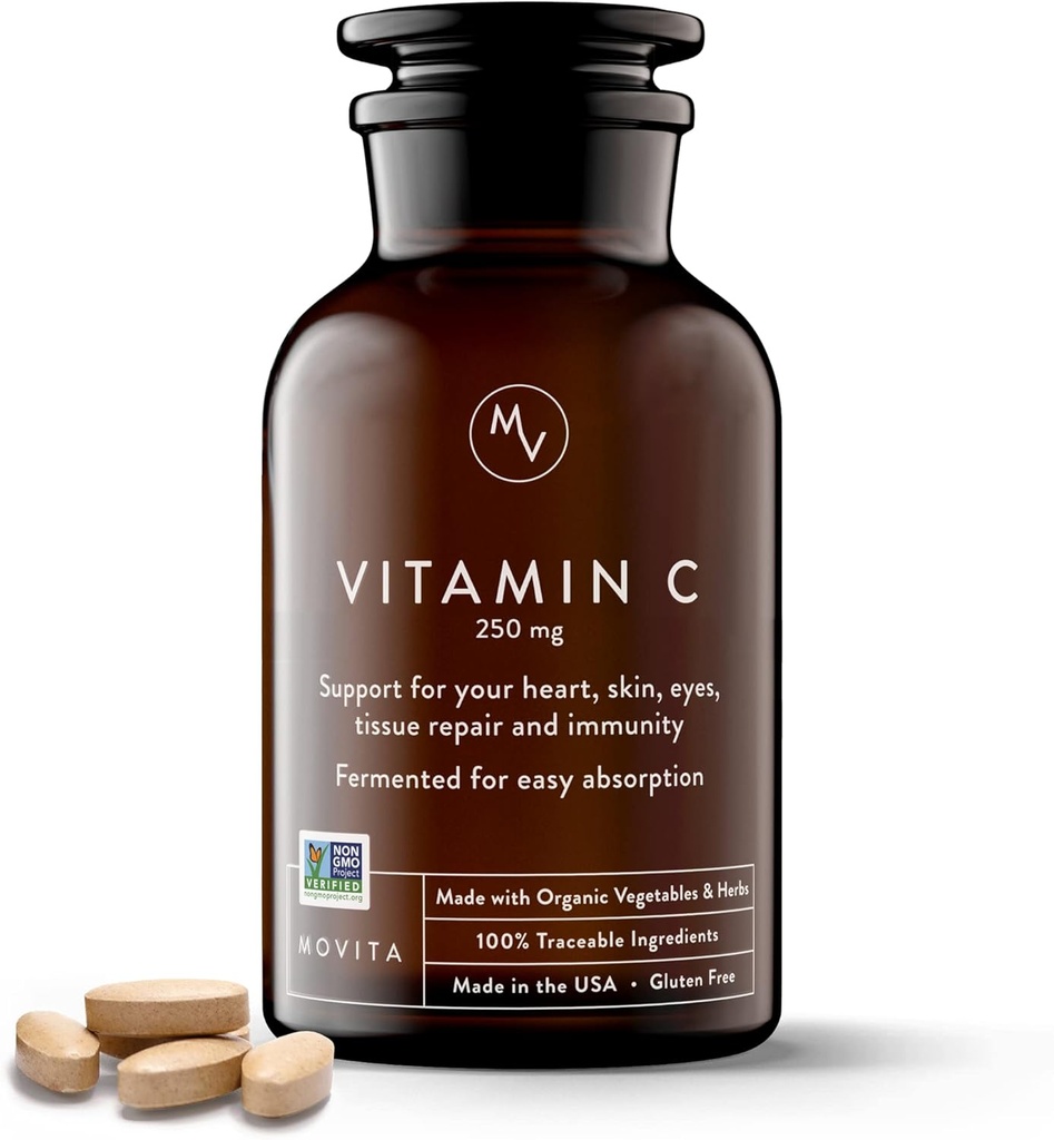 Movita Fermented Vitamin C 250mg – Immunity Booster, Antioxidant Protection, Aids Collagen Synthesis & Iron Absorption – Organic, Vegan, Gluten-Free, Non-GMO – 30-Day Supply (Glass Bottle)