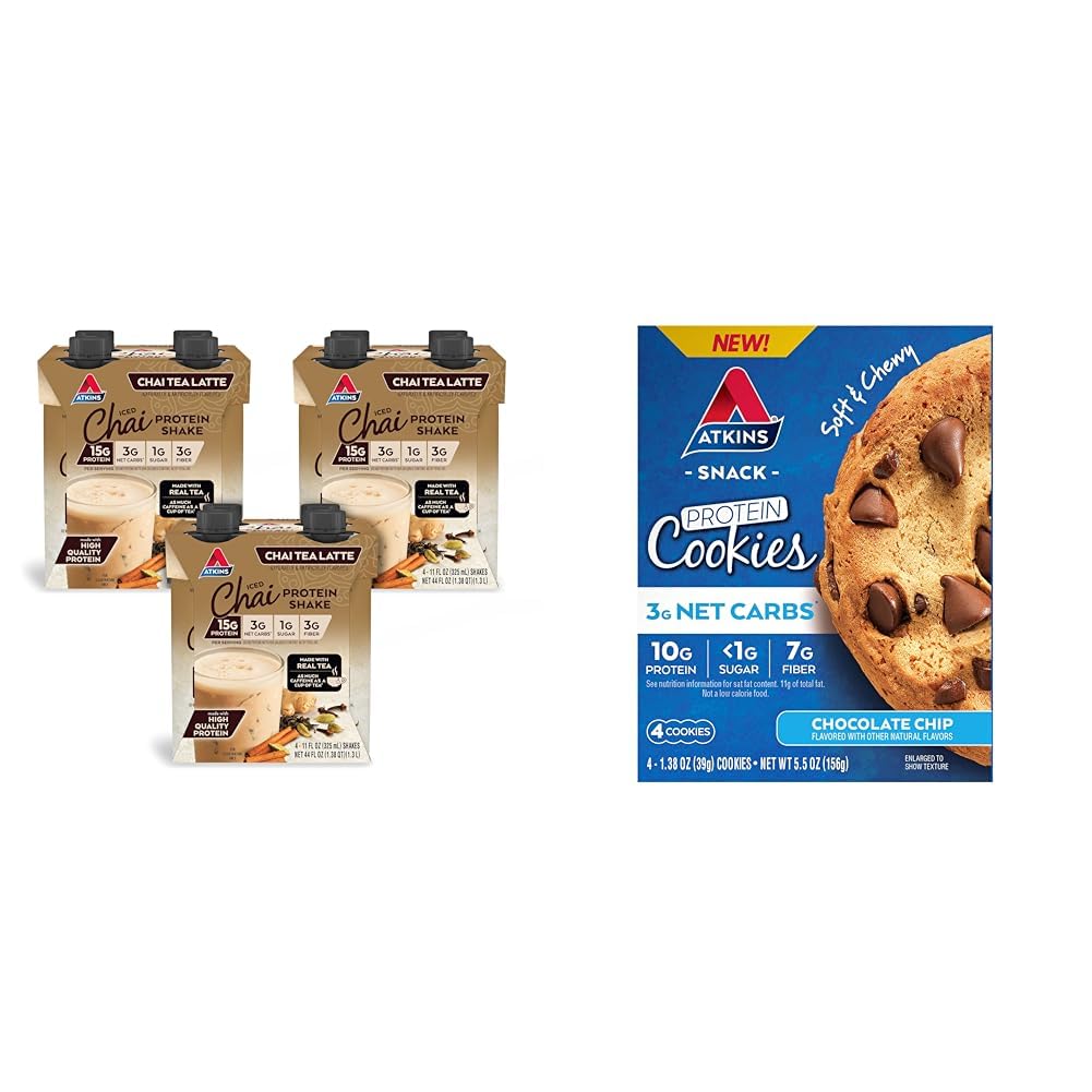 Atkins Chai Tea Latte Protein 15g proteini, 3g Net Carbs, 1g Sugar ve Atkins Chocolate Chip Protein 10g Protein, 3g Net Carbs, 1g Sugar, Keto Friendly, 4 Count