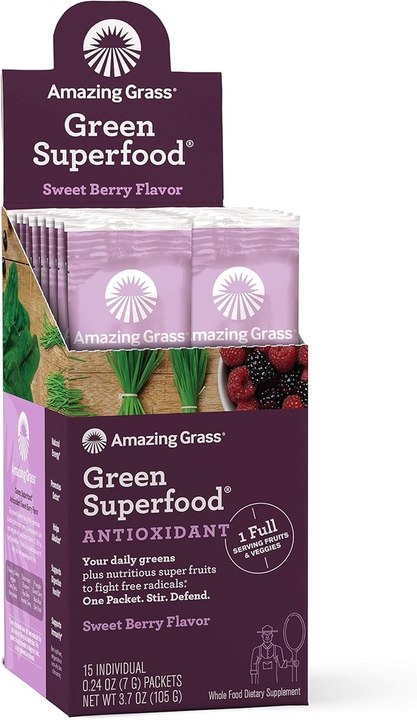 Amazing Grass Green Superfood Antioksi: Super Greens Toz Spirulina, Elderberry & Probiyotiks, Sweet Berry, 15 Hizmet
