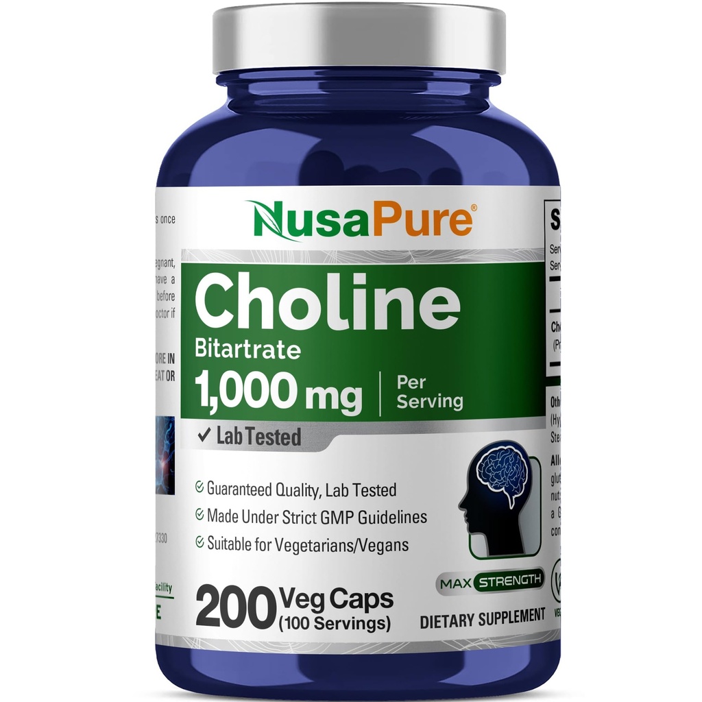 NusaPure Choline Bitartrate - Suitable for Vegetarian/Vegan, Non - GMO - 1000 mg 200 Capsules