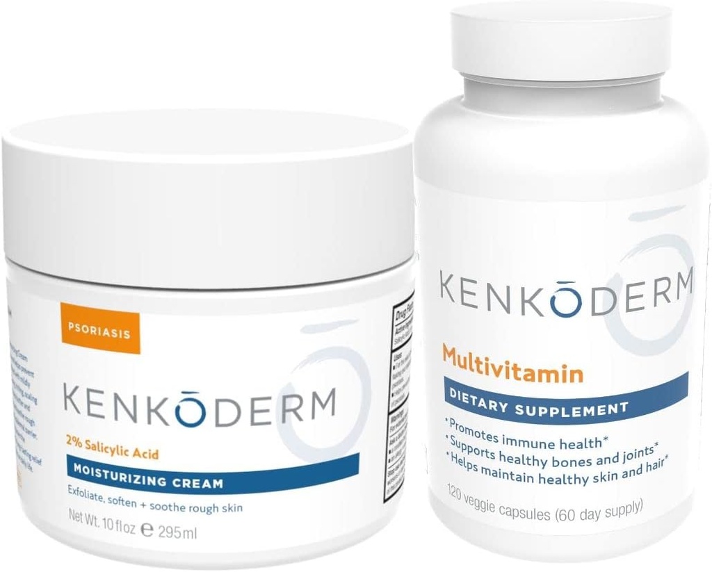 Kenkoderm Psoriasis Moisturing Cream & Multivitamin Skin Care Sche, Salicylic Acid ile krema, 10 oz & Multivitamin Omega 3 & Vitamin D, Immune Support Supplement, 120 Capsules