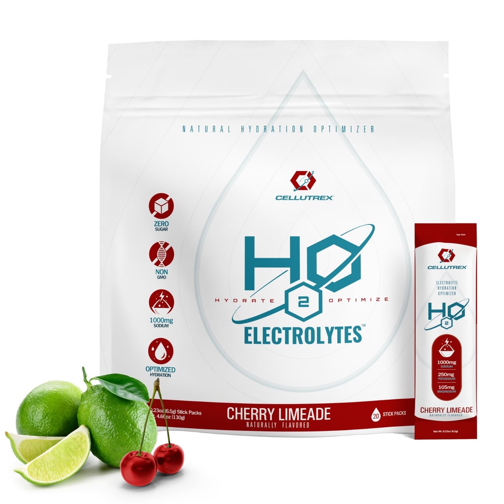 Cellutrex® H2O Electrolytes – Electrolyte Powder Drink Mix, Zero Sugar, Natural Himalayan Salt Hydration Packets for Recovery and Wellness, FSA-HSA, Cherry Limeade, 20 Sticks