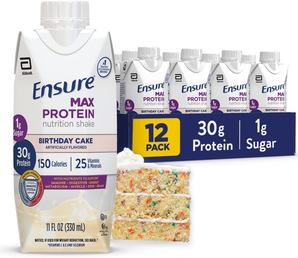 Max protein Shake | doğum günü Kek | İçmeye Hazır | Kas Sağlığı için 30g Protein | 1g Sugar, 4g Fiber | 11 fl oz, 12 Pack