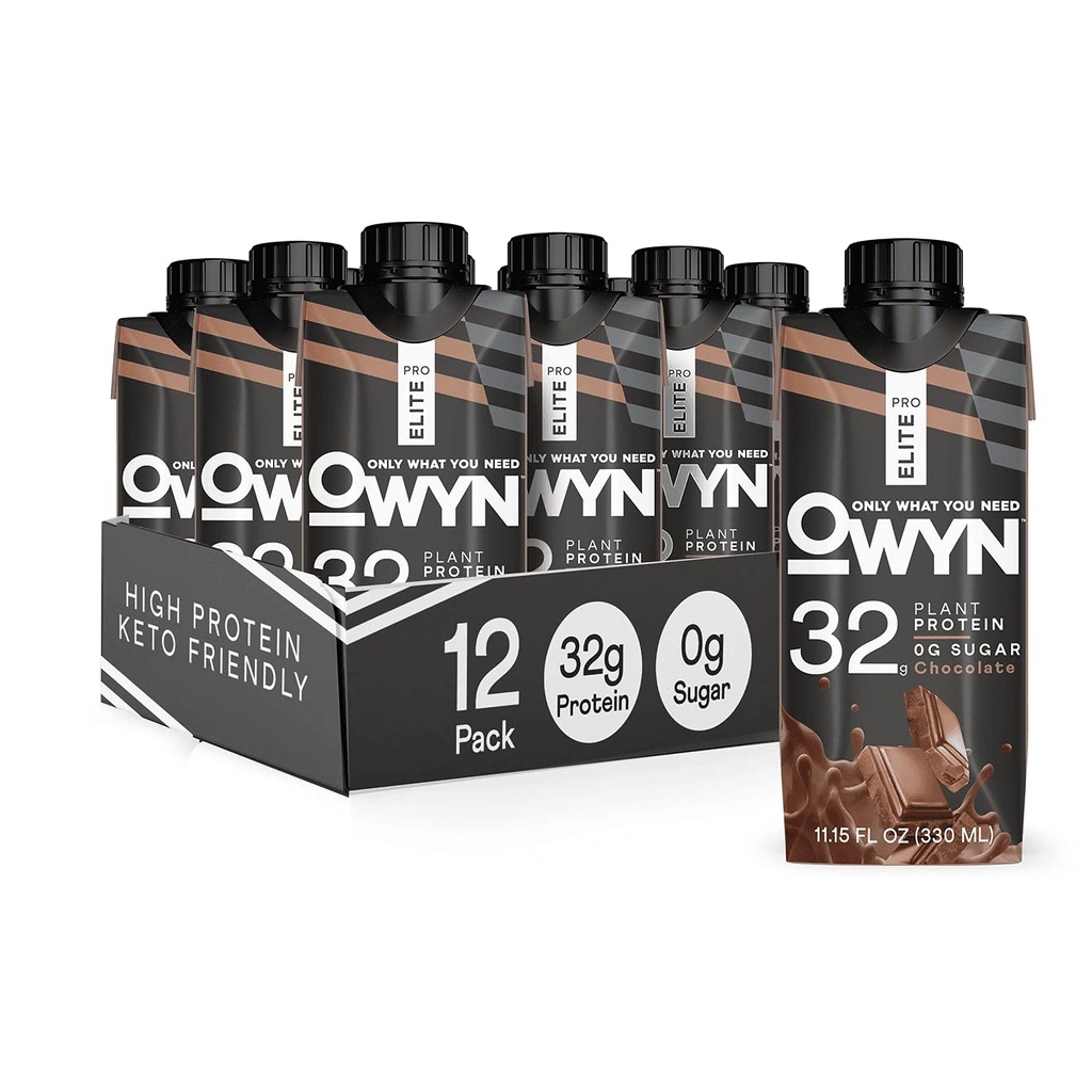 OWYN Pro Elite Vegan High Protein Shake, Chocolate, 32g Plant Temel Protein, Fiber, Prebiyotikler, Superfoods Greens, Workout and Recovery, 0g Net Carbs, Zero Sugar, Chem (12 Pack)