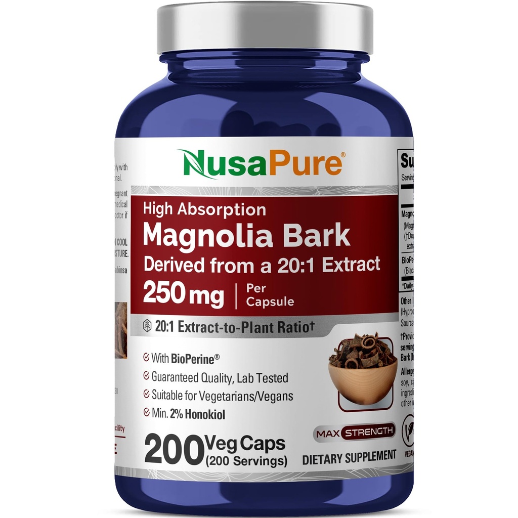 NusaPure Magnolia Bark 20:1 Ekstraksiyon, 250 mg 5000 mg 200 Vegan Vegetarian Capsules Non-GMO