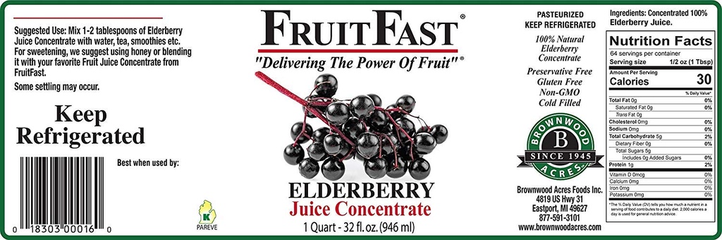 100% Pure Elderberry Juice (32 fl. oz. - Pack of 4) by FruitFast - Brownwood Acres | Unsweetensiz, GMO, Gluten Free, All Natural Juice - Sağlıklı Immune Function*