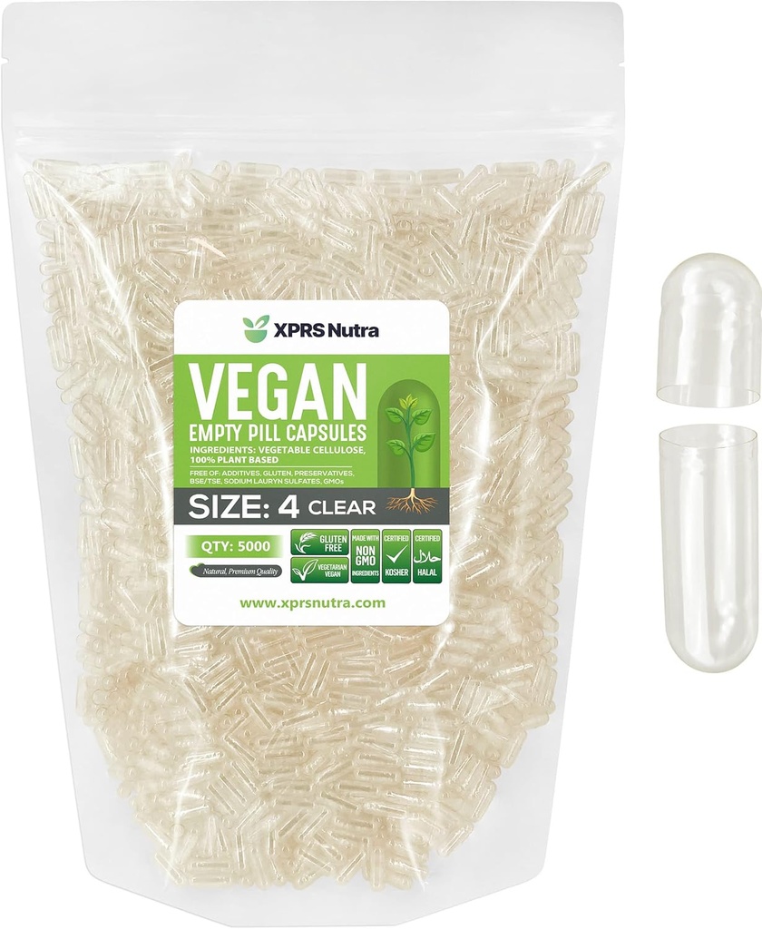 XPRS Nutra Boyutu 4 Boş Kapsüller - 5000 Kont Küçük Clear Boş Vegan Capsules - DIY Sebze Kapsülü - Tamamlanabilir Do-It-yourself Veggie Pill Caps for Supplements for Supplements
