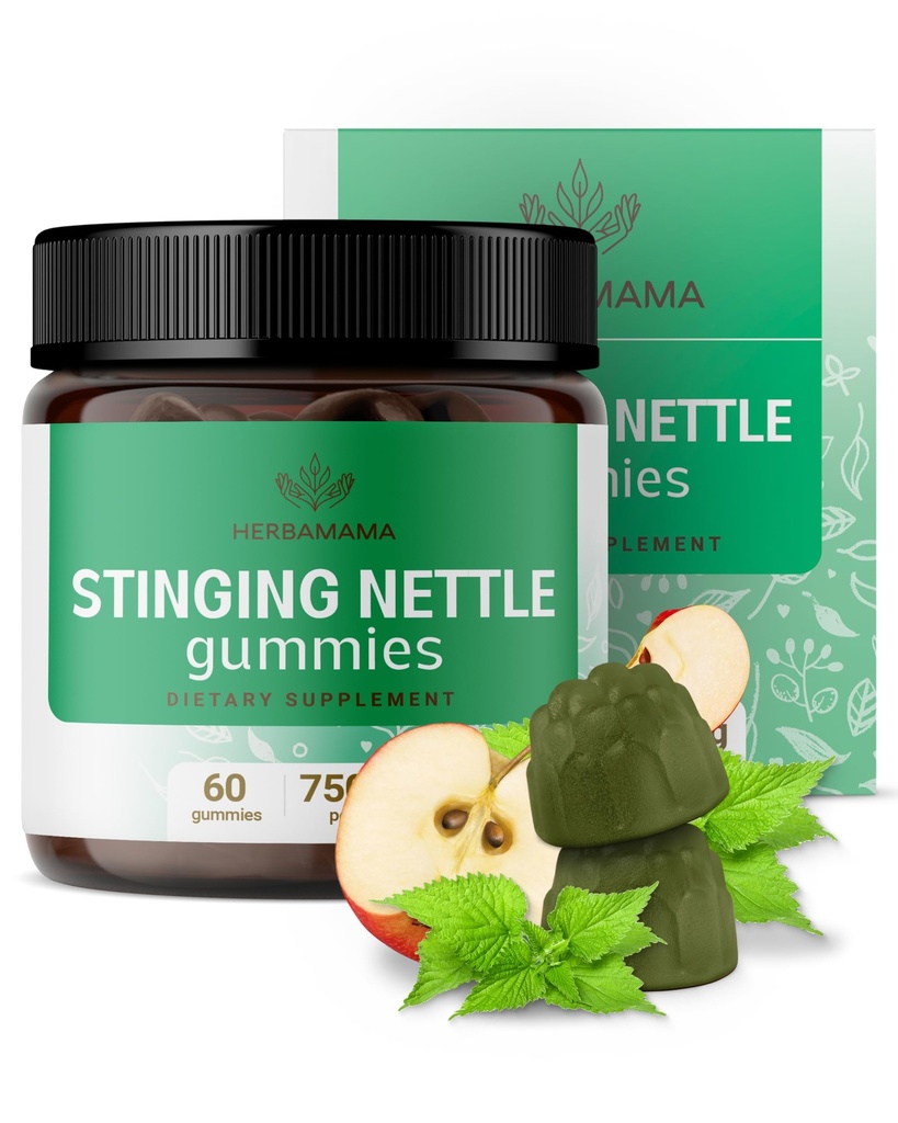 HERBAMAMA Nettle Gummies - 7500 mg Urinary Tract Support for Women & Men - Vegan, Non-GMO Urtica Dioica Supplement - 60 Pectin-Based Apple-Flavored Chews