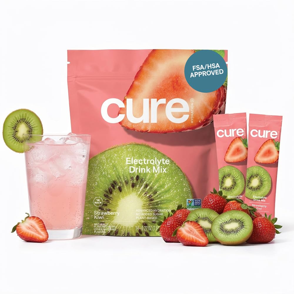 Cure Hydration | Plant-Based Electrolyte Drink Mix | Nodrew Sugar | FSA-HSA | Dehidrasyon Yardımı Tuvalet Su ile Yaptı | Non-GMO | Vegan | Pouch of 14 Packets - Strawberry Kiwi