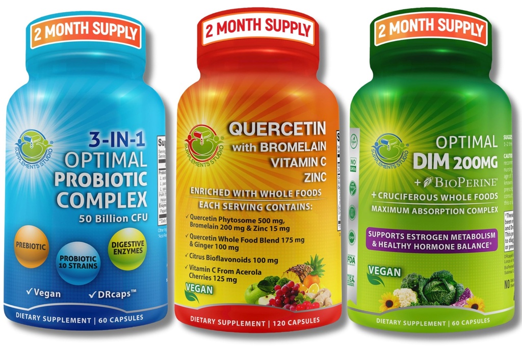 Vegan Hormonal, Immune & Gut Health Support Sche – Quercetin 500 mg with Bromelain, çinko & Vitamin C + DIM 200 mg with BioPerine® + 3in-1 Probiyotik 50 Milyar CFU with Digestive Enzymes & Prebiyotiks