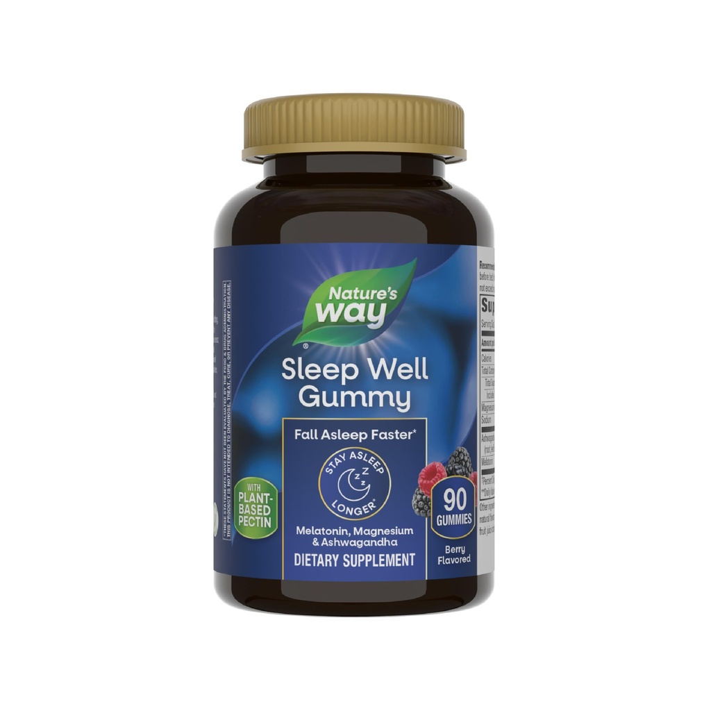 Nature's Way Sleep Well Melatonin ve Magnezyum Gummies, Yetişkin Destek*, Ashwagandha, Berry Flavored, 90 Gummies