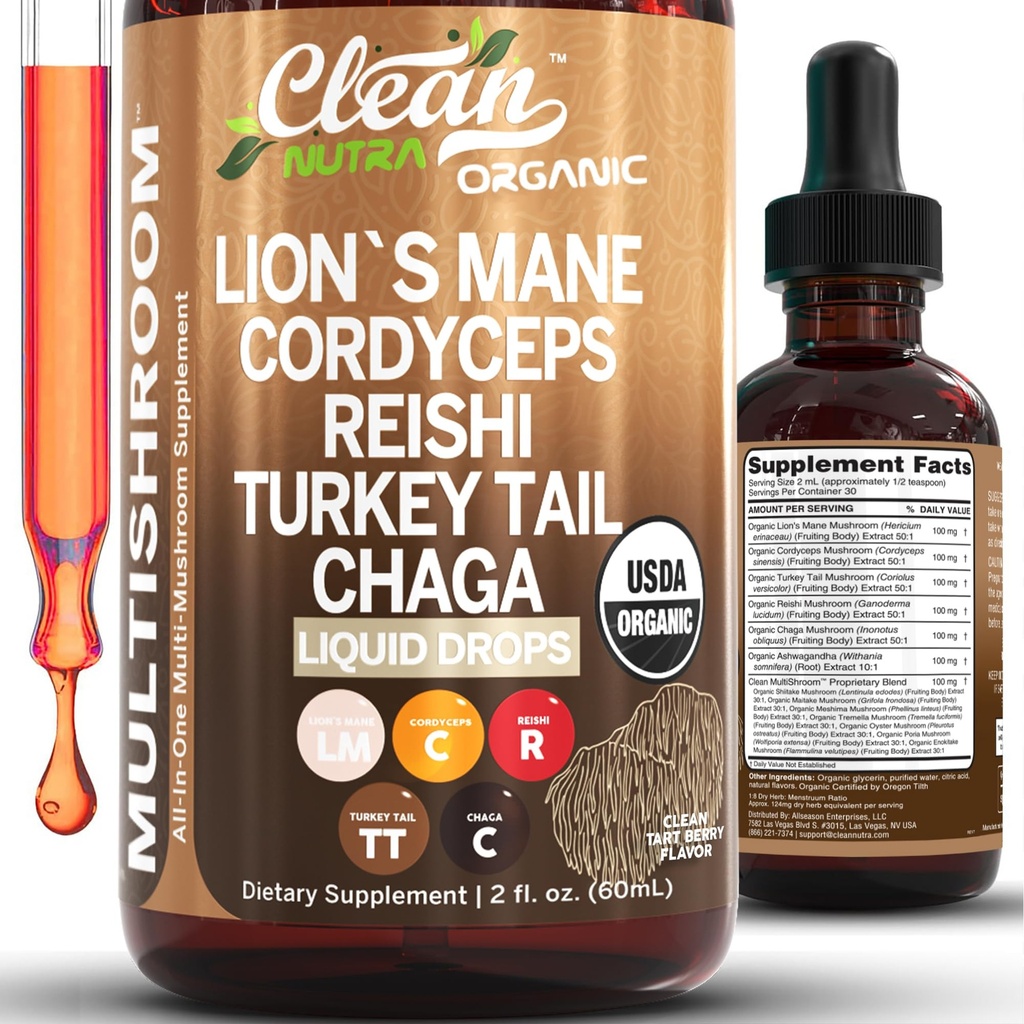 Organik Lions Mane Mushroom Supplement Liquid Drops + Türkiye Tail Cordyceps Reishi Chaga Shitake Maitake Tremella Oyster Mushrooms Poria ve Enokitake Kompleksi