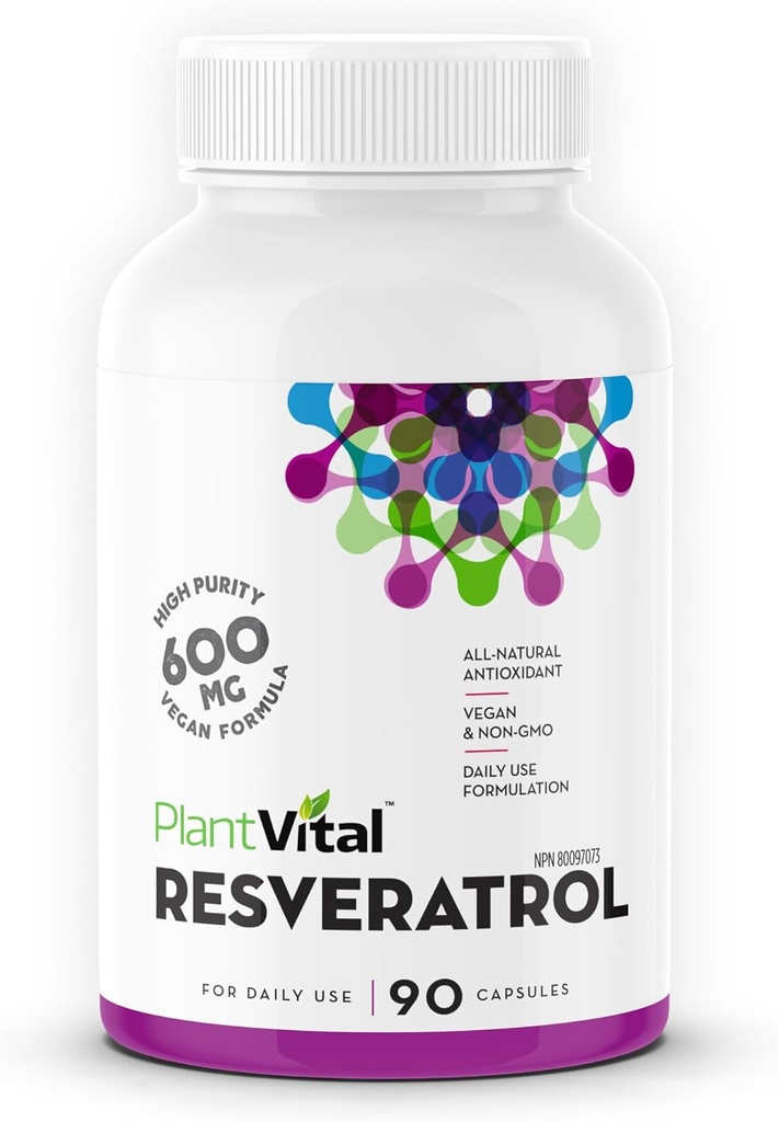 Plantvital Resveratrol 600 mg - 90 Vegan Resveratrol Capsules - Yüksek Saf Trans Resveratrol Tamam - Antioksi - Non-GMO, Gluten-Free-Free-GMO, Gluten-Free