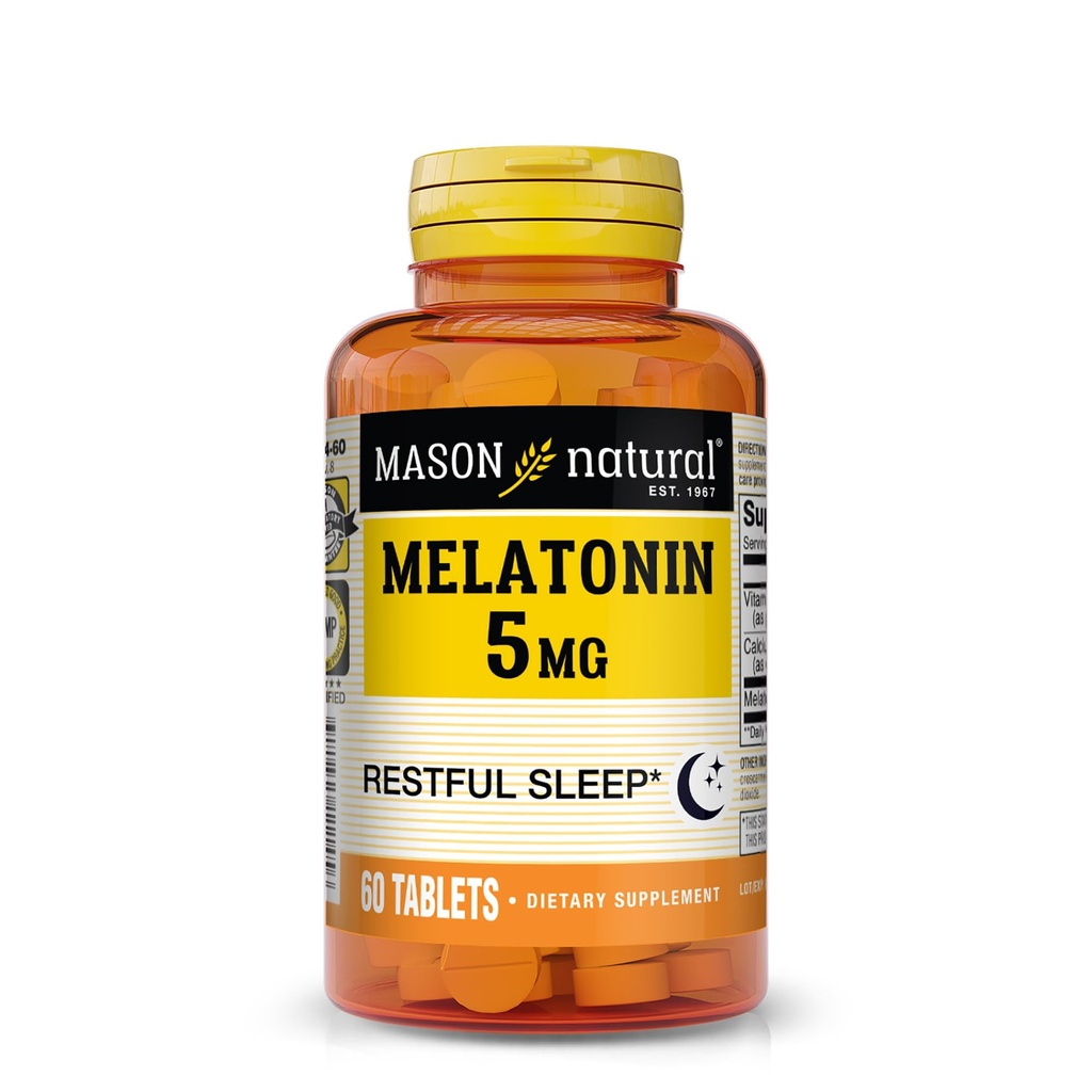 Mason Natural Melatonin 5 mg ile B6 & Food, Natural Sleep Aid, Supports Restful Sleep, 60 Tabletler